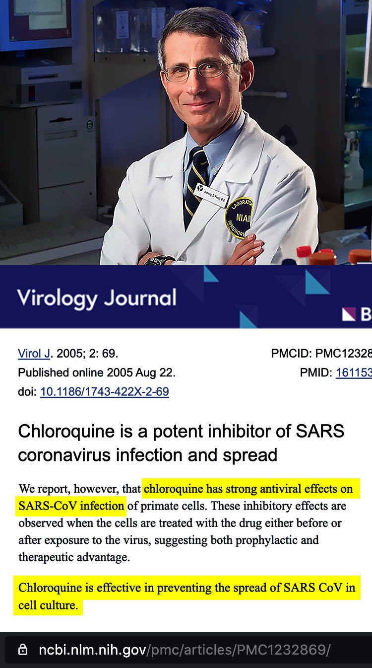 Fauci stating that 'Chloroquine is a potent inhibitor of SARS coronavirus infection and spread';