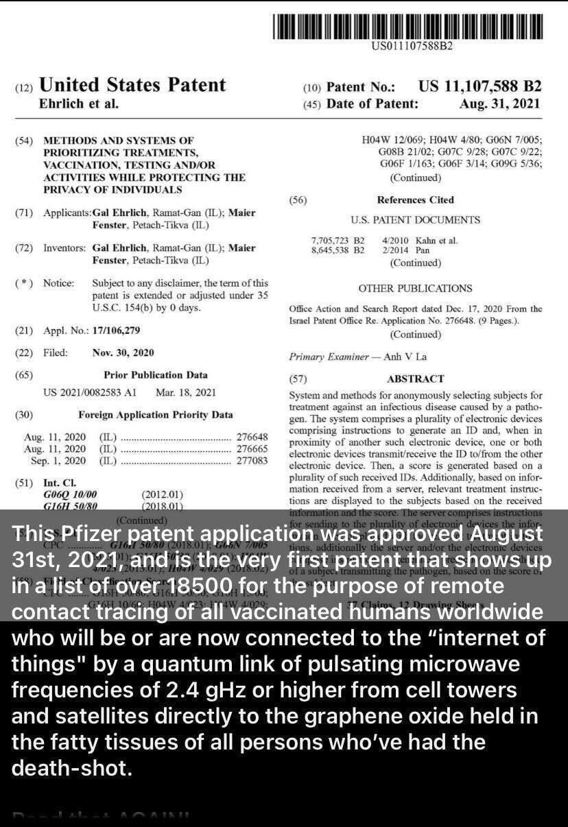 Pfizer patent #11,107,588 B2 with suspicious wording in the abstract, 'instructions to generate an ID and, when in proximity of another such electronic device, one or both electronic devices transmit/receive the ID to/from the other electronic device.'